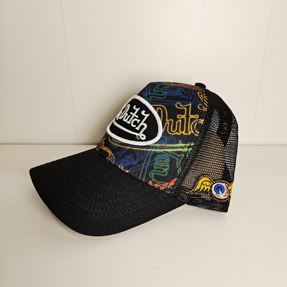 Von Dutch Black Neon Print Embroidered Snapback Trucker Cap - Picture 2 of 3